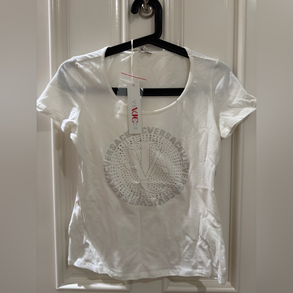 Versace White Short Sleeve Logo Tee with Crystal Detail